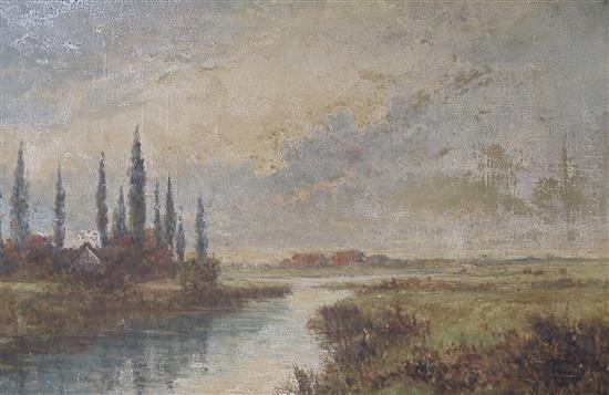 A* Phillips (c 1900). River landscape, oil on canvas, 40 x 60cm, (some craquelure)